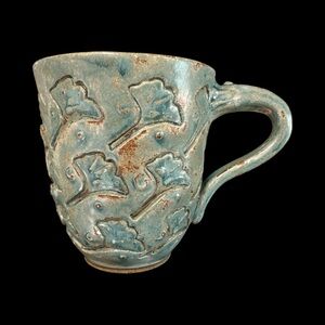 Ceramic Studio Art Pottery Mug Ginkgo Leaf Pattern 4.5" Tall With Potters Mark